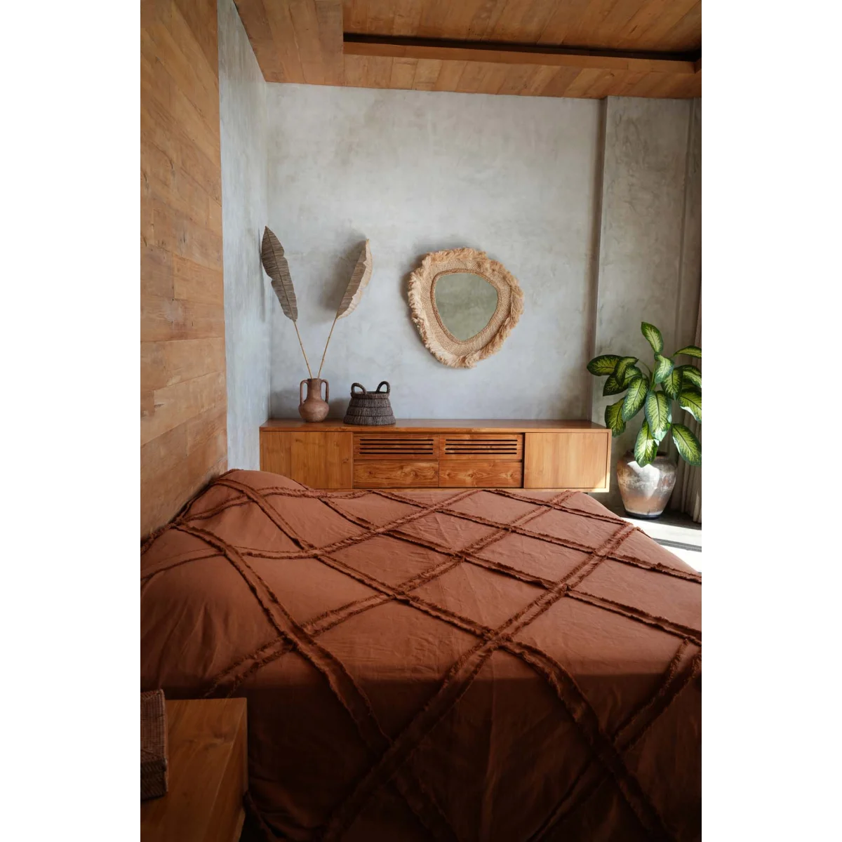 Commode en bois avec miroir tressé et plantes en pot