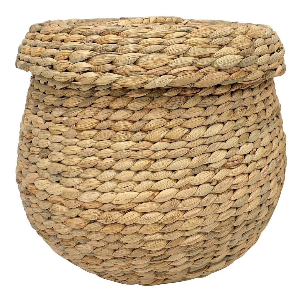 Panier en jacinthe d eau naturel avec couvercle, diamètre 30 cm, artisanal et durable