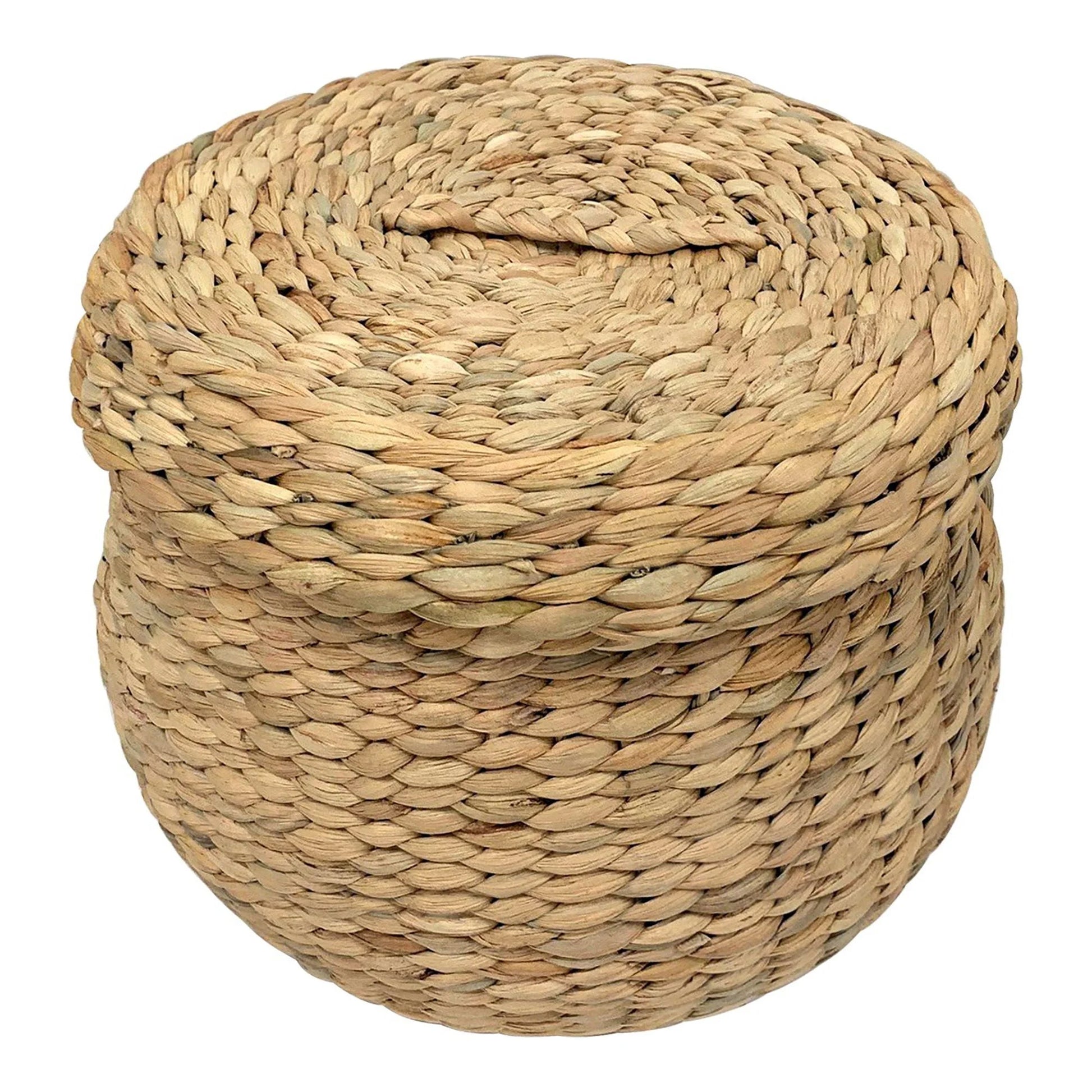 Panier en jacinthe d’eau naturel rond avec couvercle ø30 cm pour rangement écologique