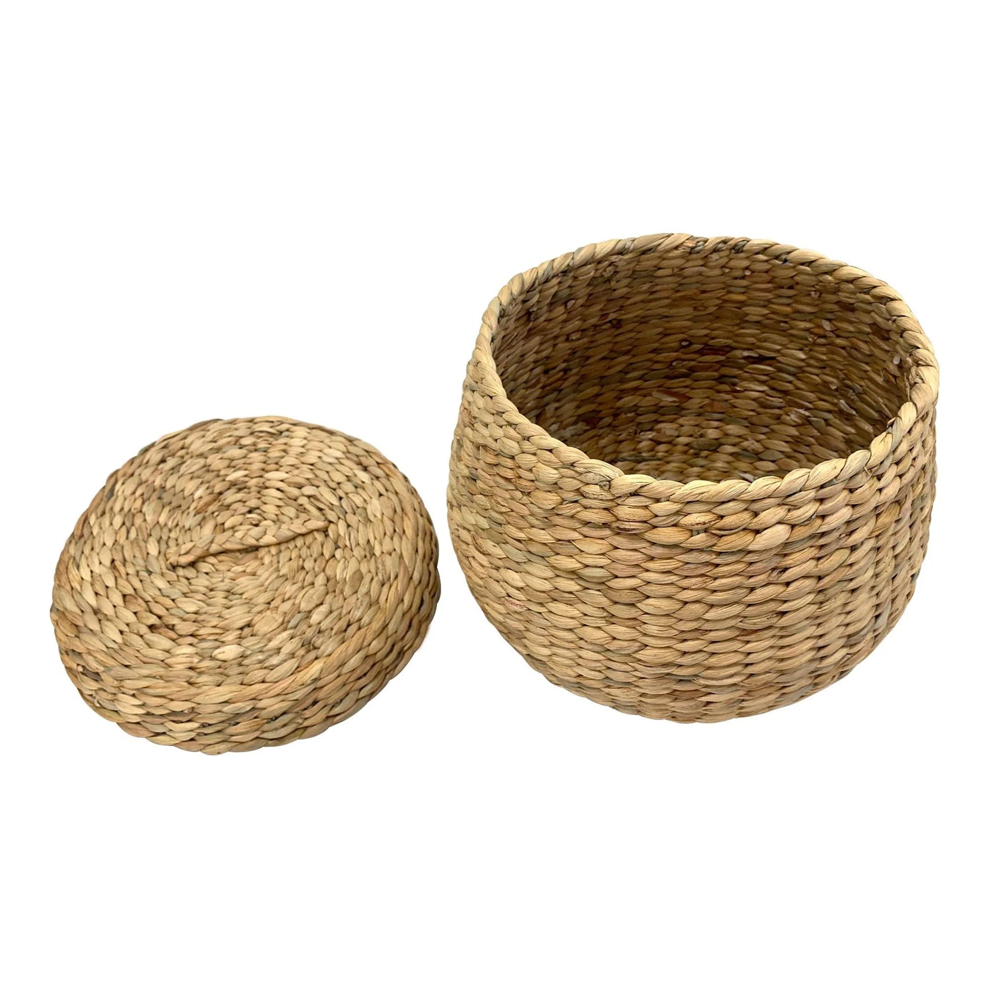 Panier rond en jacinthe d’eau naturel avec couvercle ø30 cm pour rangement élégant