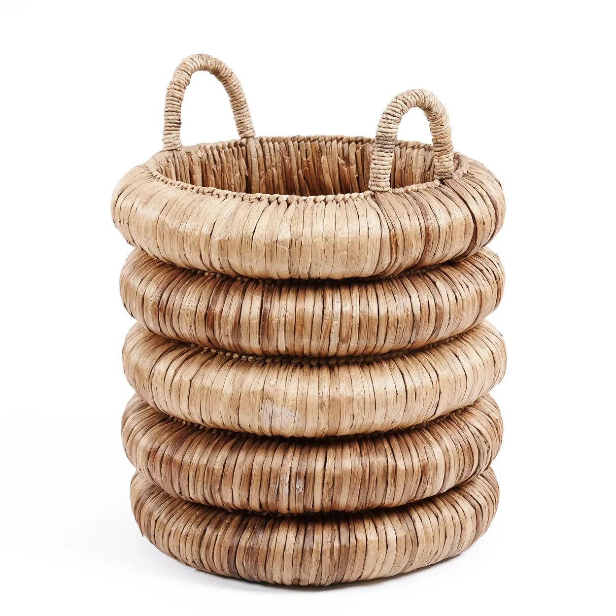 Panier en jacinthe d’eau naturel cylindrique avec poignées, 66 cm, artisanal