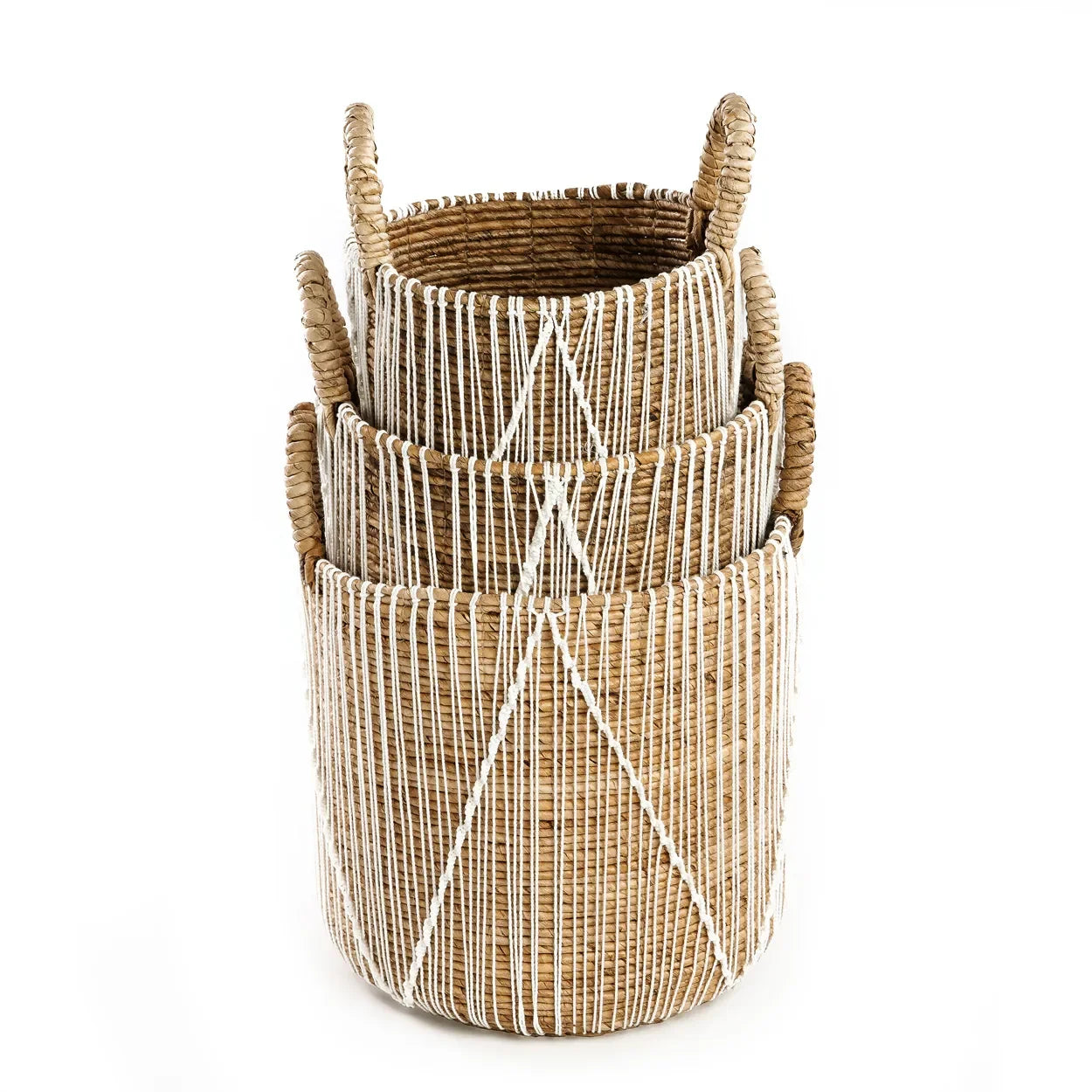 Paniers en jonc de mer tressé et macramé avec poignées, empilés, Hauteur 40 cm