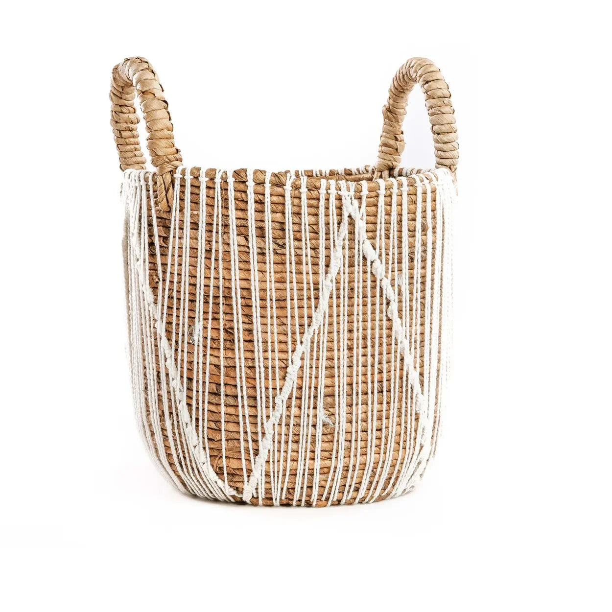 Panier en jonc de mer tressé avec poignées et détails en corde blanche