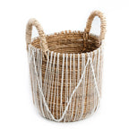 Panier en macramé cylindrique en jonc de mer naturel et blanc avec poignées – H45 cm