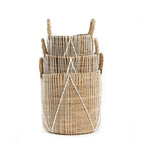 Panier en macramé cylindrique en jonc de mer naturel et blanc avec poignées – H45 cm