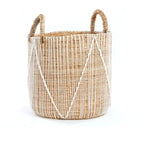 Panier en macramé cylindrique en jonc de mer naturel et blanc avec poignées