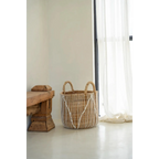 Panier en macramé cylindrique en jonc de mer naturel et blanc avec poignées – H45 cm