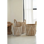 Panier en macramé cylindrique en jonc de mer naturel et blanc avec poignées – H45 cm