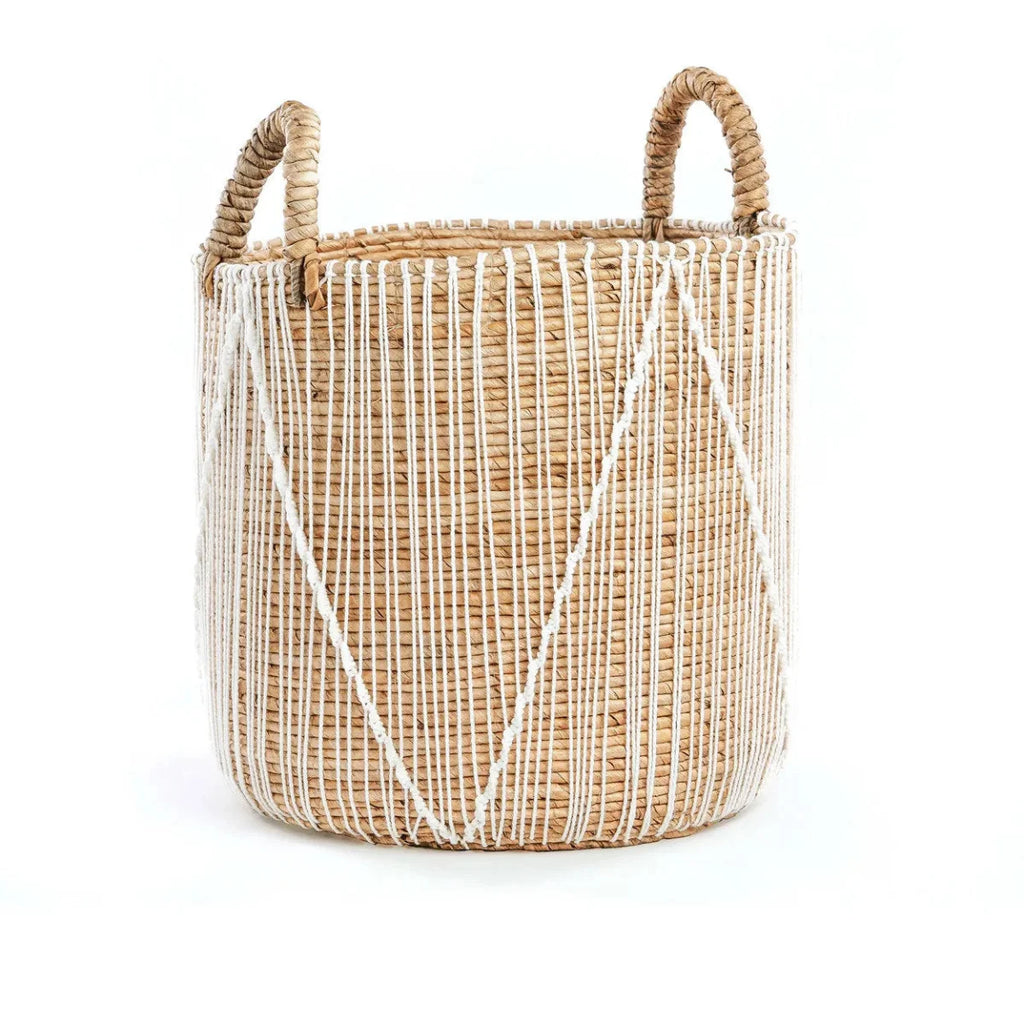 Panier en macramé cylindrique en jonc de mer naturel et blanc avec poignées – H45 cm