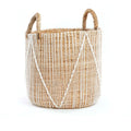 Panier en macramé cylindrique en jonc de mer naturel et blanc avec poignées – H45 cm