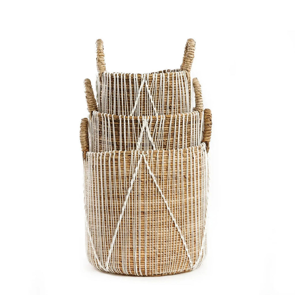 Panier en macramé cylindrique en jonc de mer naturel et blanc avec poignées