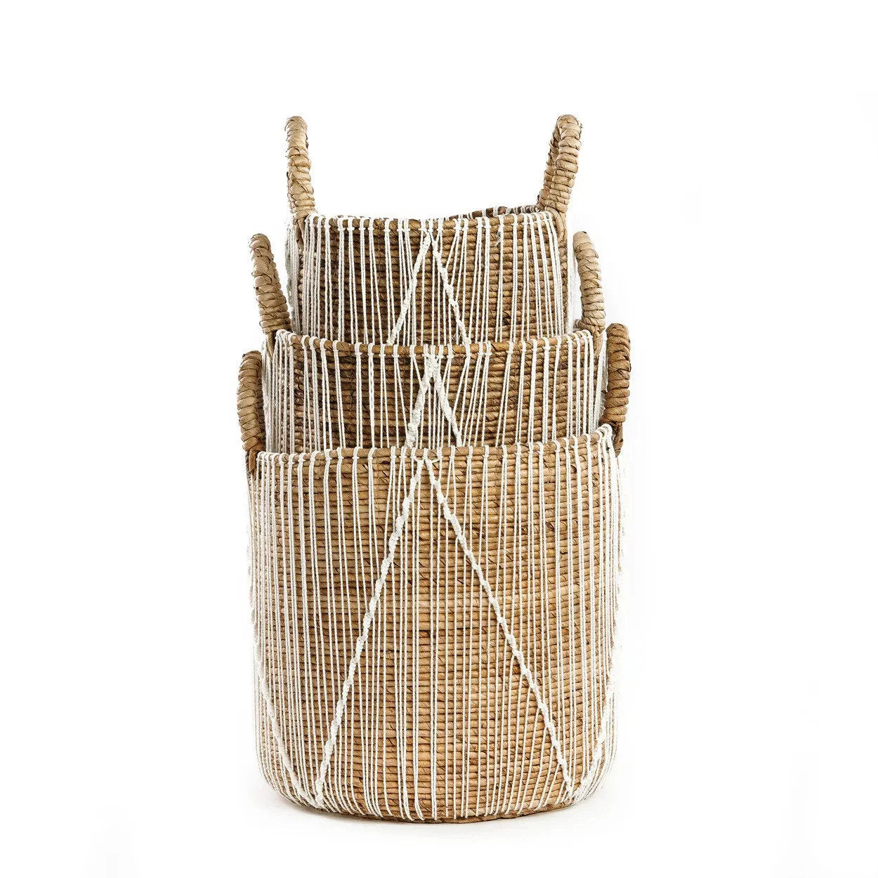 Panier en macramé cylindrique en jonc de mer naturel et blanc avec poignées