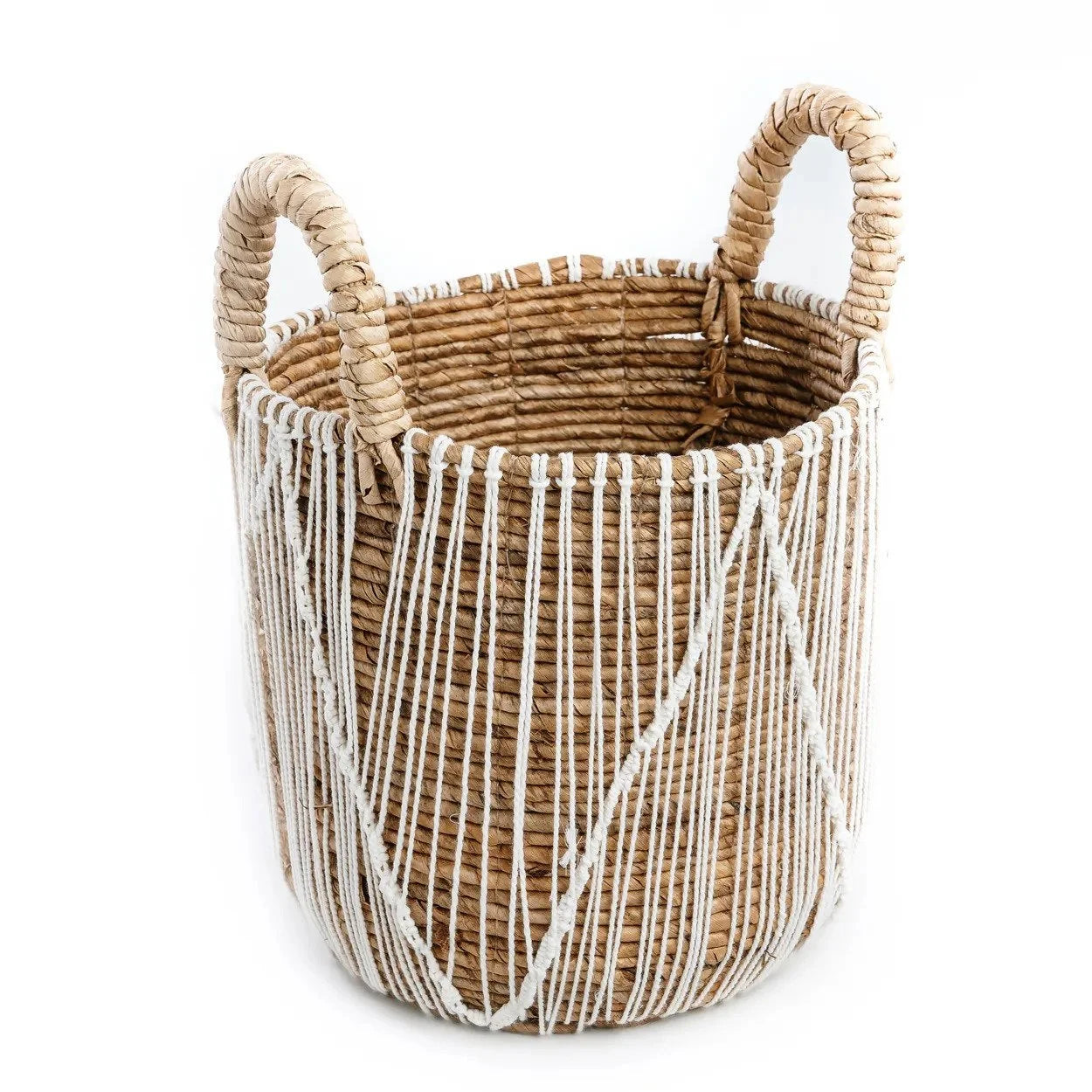 Panier en macramé cylindrique en jonc de mer blanc avec poignées et design en corde blanche