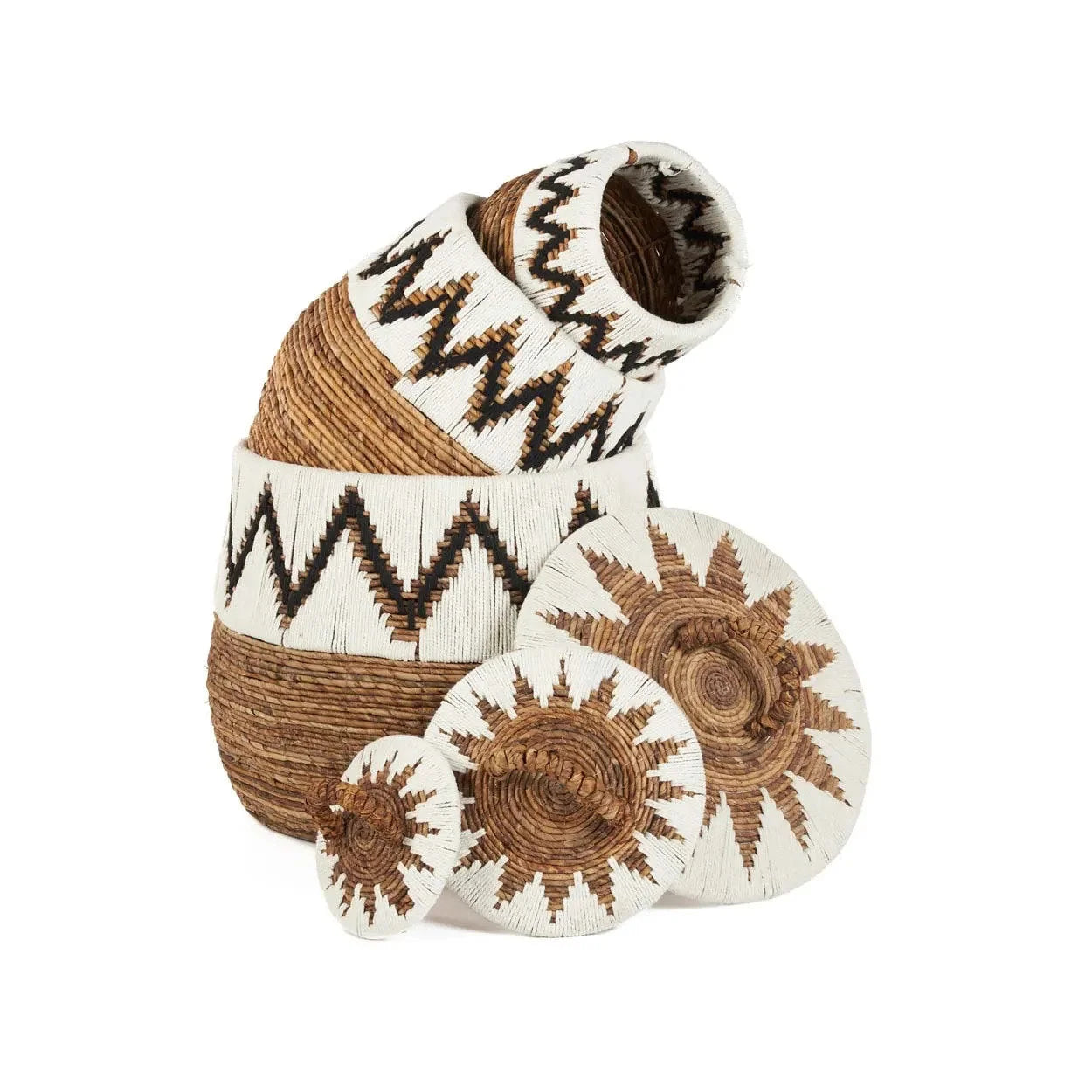 Panier de rangement cylindrique en feuille de bananier motif zigzag noir et blanc