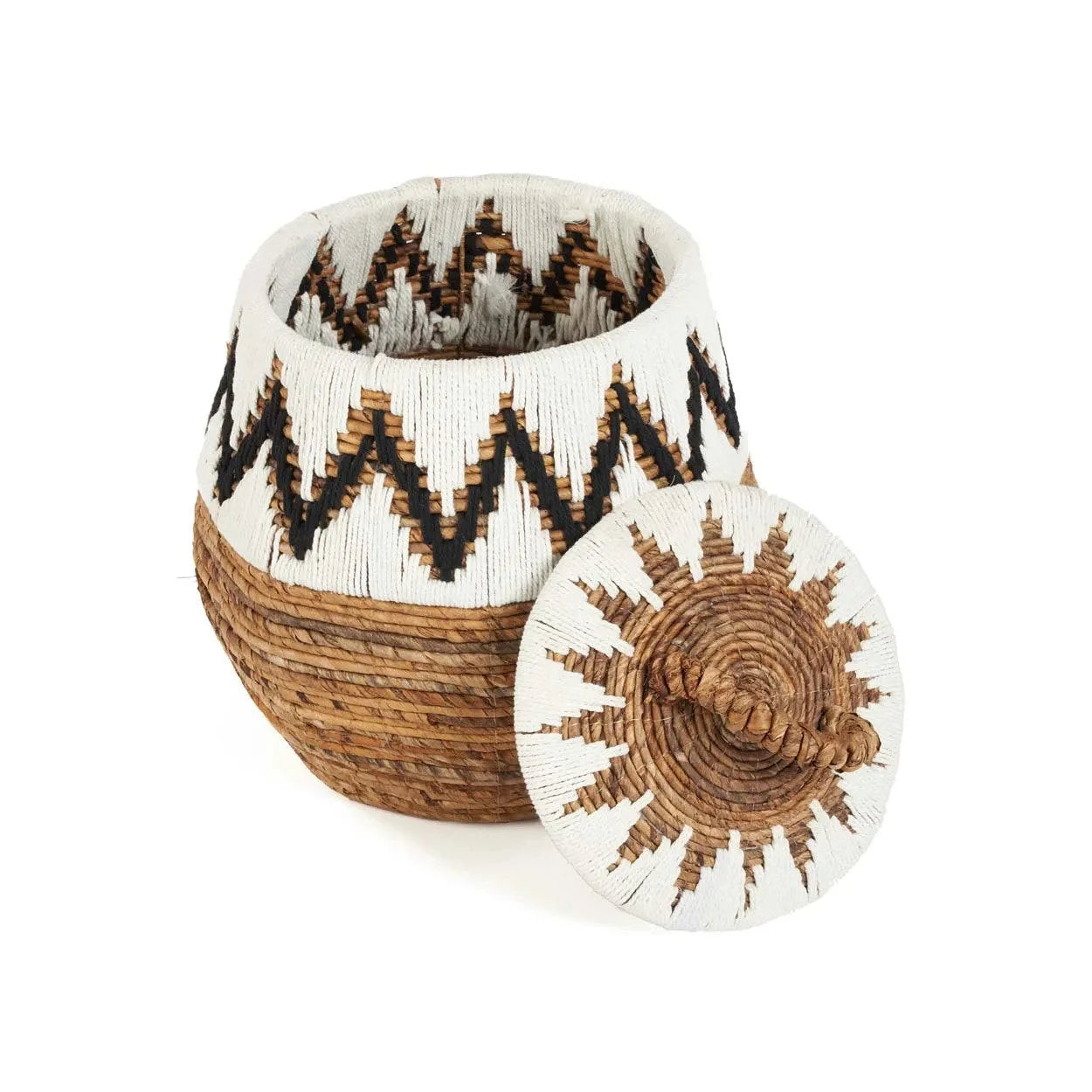 Panier de rangement cylindrique en feuille de bananier motif zigzag noir et blanc