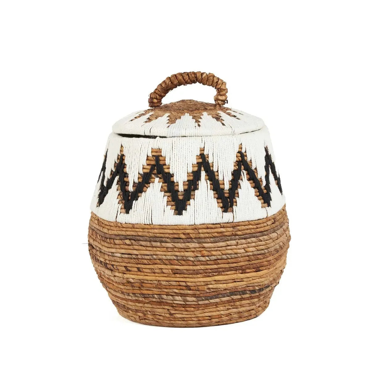 Panier de rangement cylindrique en feuille de bananier motif zigzag noir et blanc
