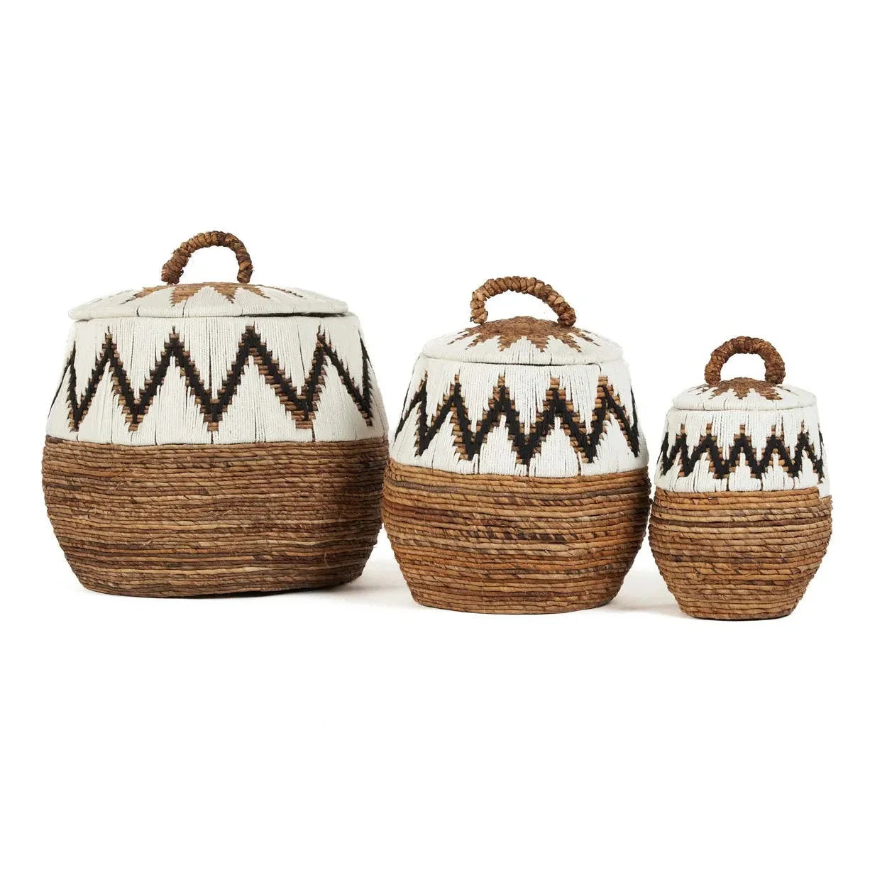 Panier de rangement cylindrique en feuille de bananier motif zigzag noir et blanc