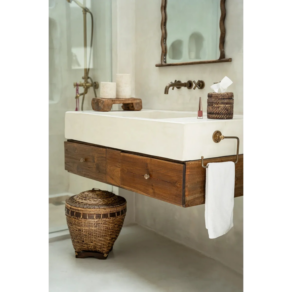 Panier de rangement cylindrique en rotin naturel avec couvercle décoratif – H45 cm