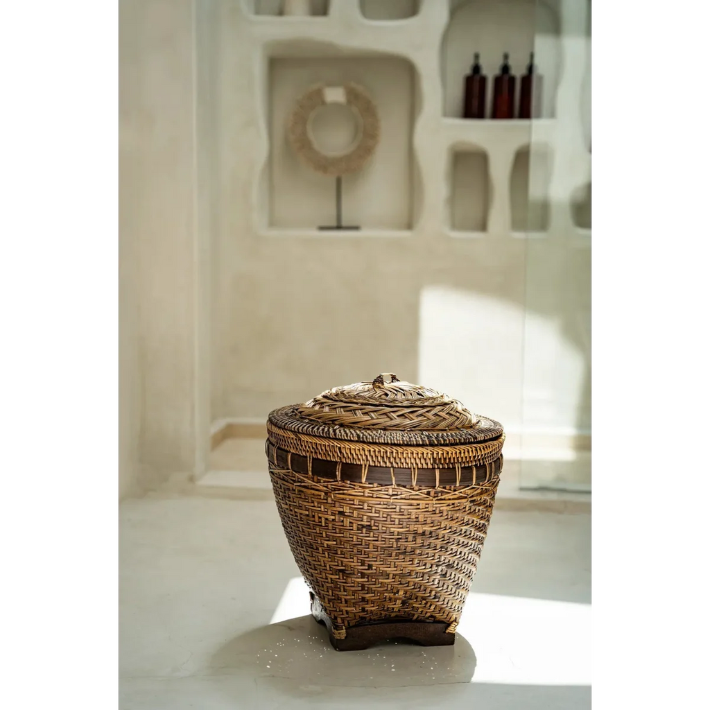Panier de rangement cylindrique en rotin naturel avec couvercle décoratif – H45 cm