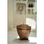 Panier de rangement cylindrique en rotin naturel avec couvercle décoratif – H45 cm