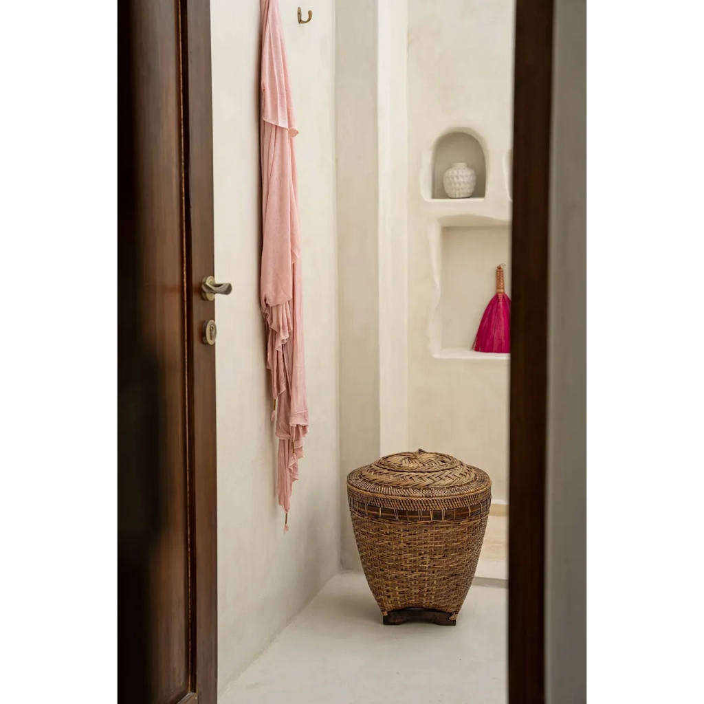 Panier de rangement cylindrique en rotin naturel avec couvercle décoratif – H45 cm