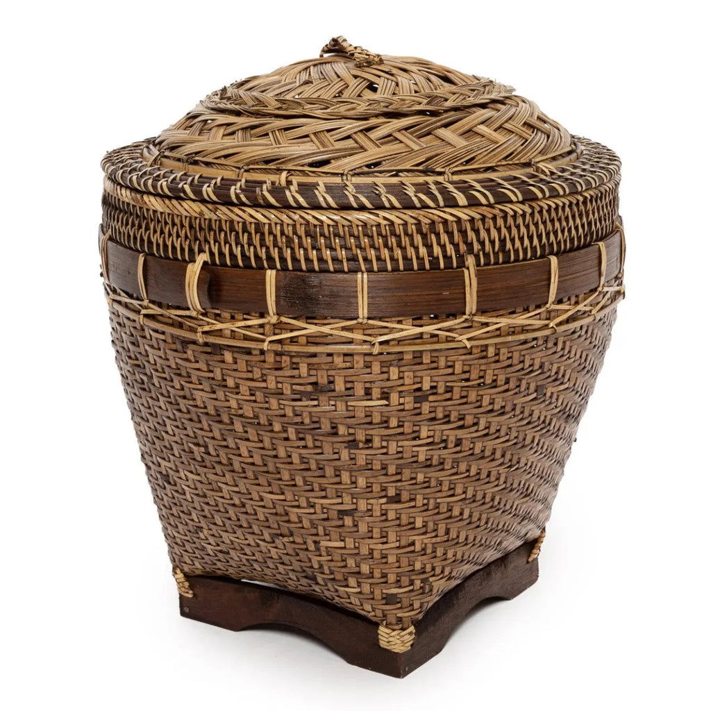 Panier de rangement cylindrique en rotin naturel avec couvercle décoratif – H45 cm