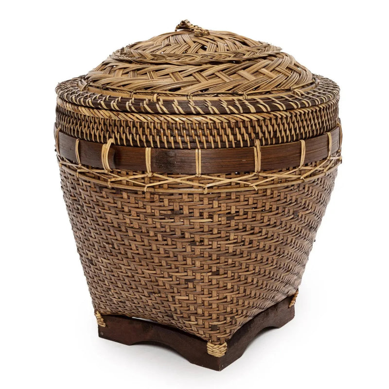Panier de rangement cylindrique en rotin naturel avec couvercle décoratif – H45 cm