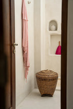 Panier de rangement cylindrique en rotin naturel avec couvercle décoratif H45 cm