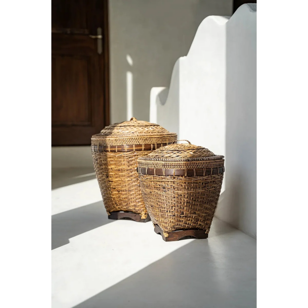 Panier de rangement cylindrique en rotin naturel avec couvercle décoratif – H45 cm
