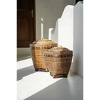 Panier de rangement cylindrique en rotin naturel avec couvercle décoratif – H45 cm
