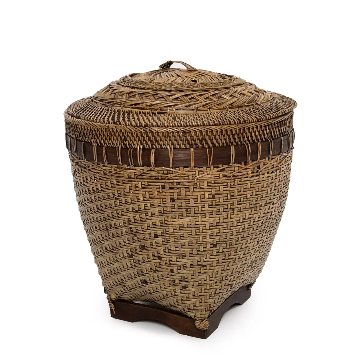 Panier de rangement en rotin tressé naturel avec couvercle et poignée, H40 cm