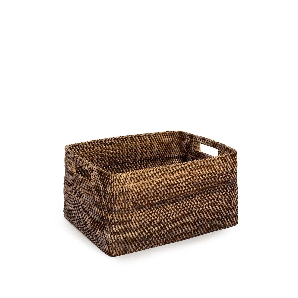 Panier de rangement rectangulaire en rotin naturel brun avec poignées intégrées
