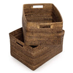 Panier rangement rectangulaire en rotin naturel brun avec poignées intégrées