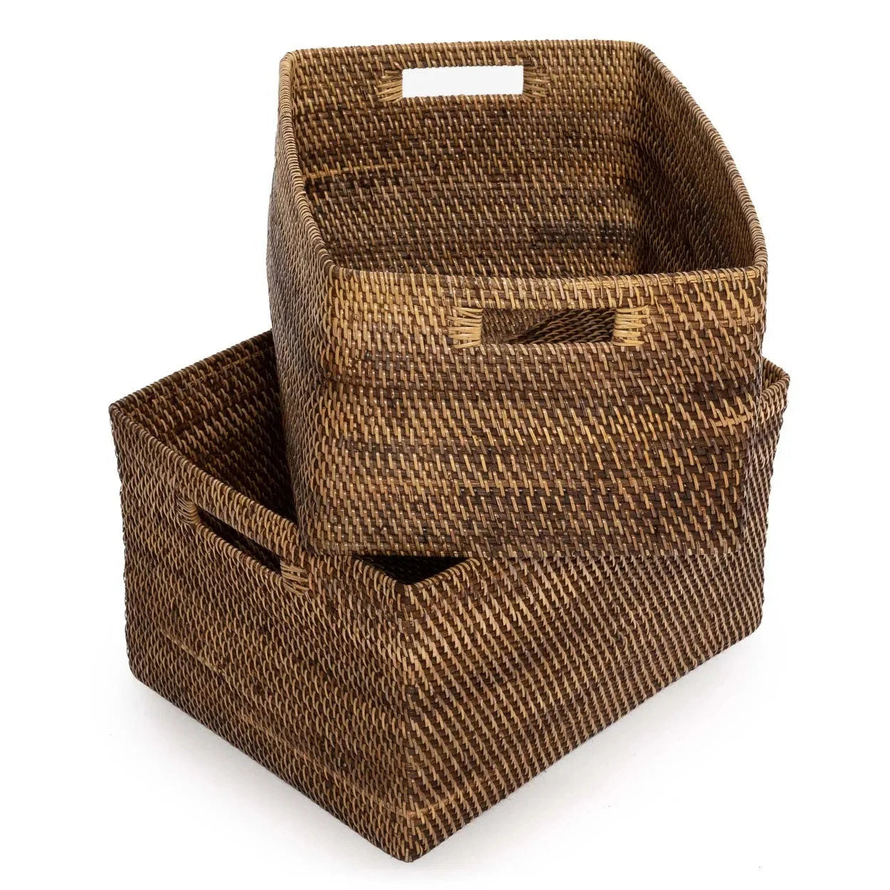 Panier rangement rectangulaire en rotin naturel brun avec poignées intégrées