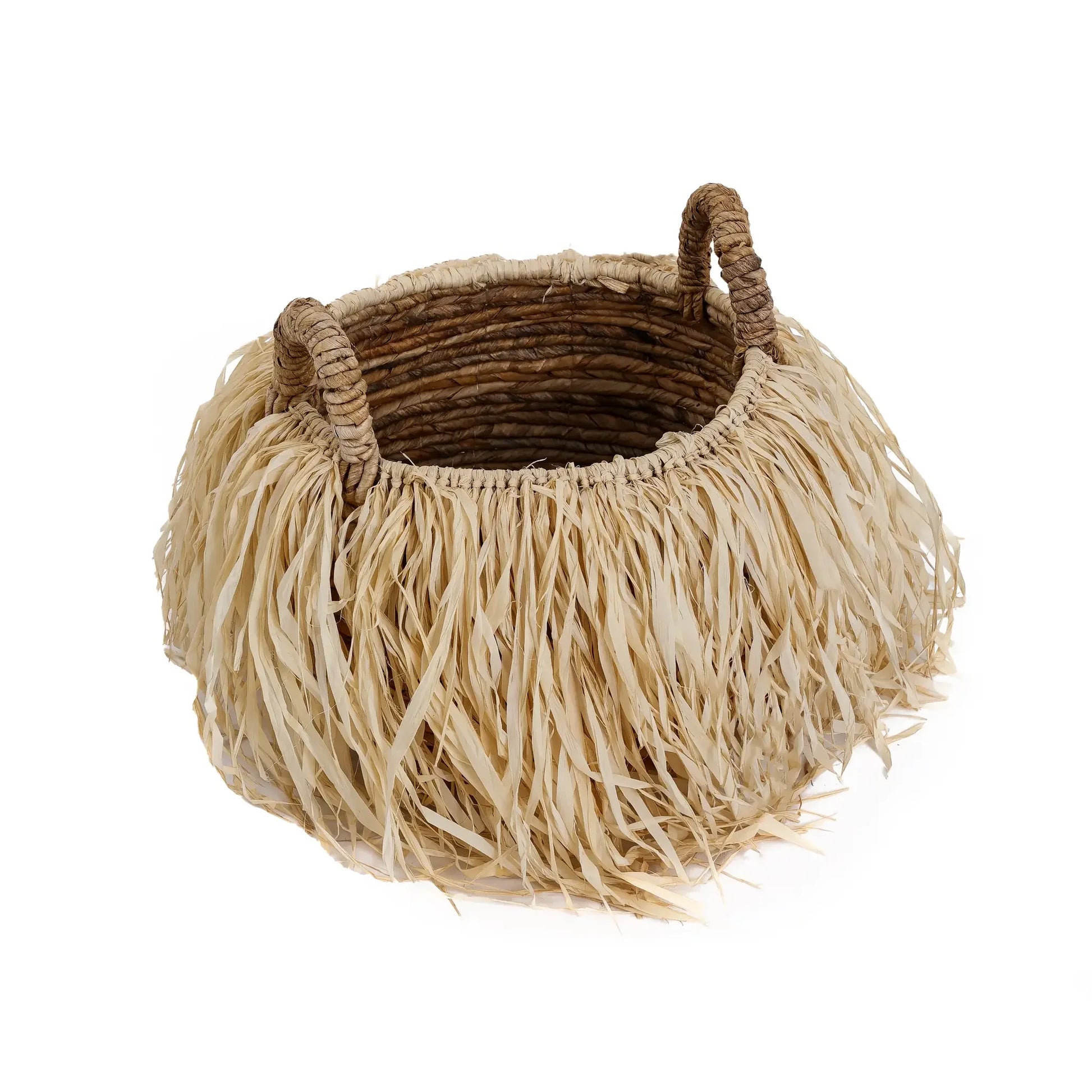 Panier de rangement rond en feuilles de bananier avec franges en raphia naturel Ø33 cm