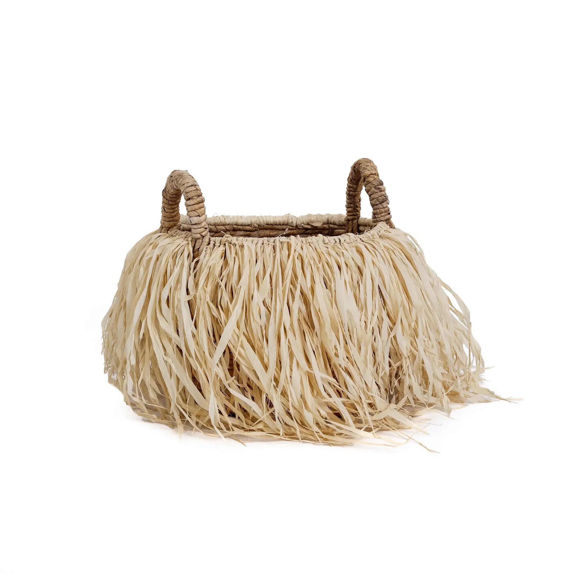 Panier de rangement rond en feuilles de bananier avec franges en raphia naturel Ø33 cm