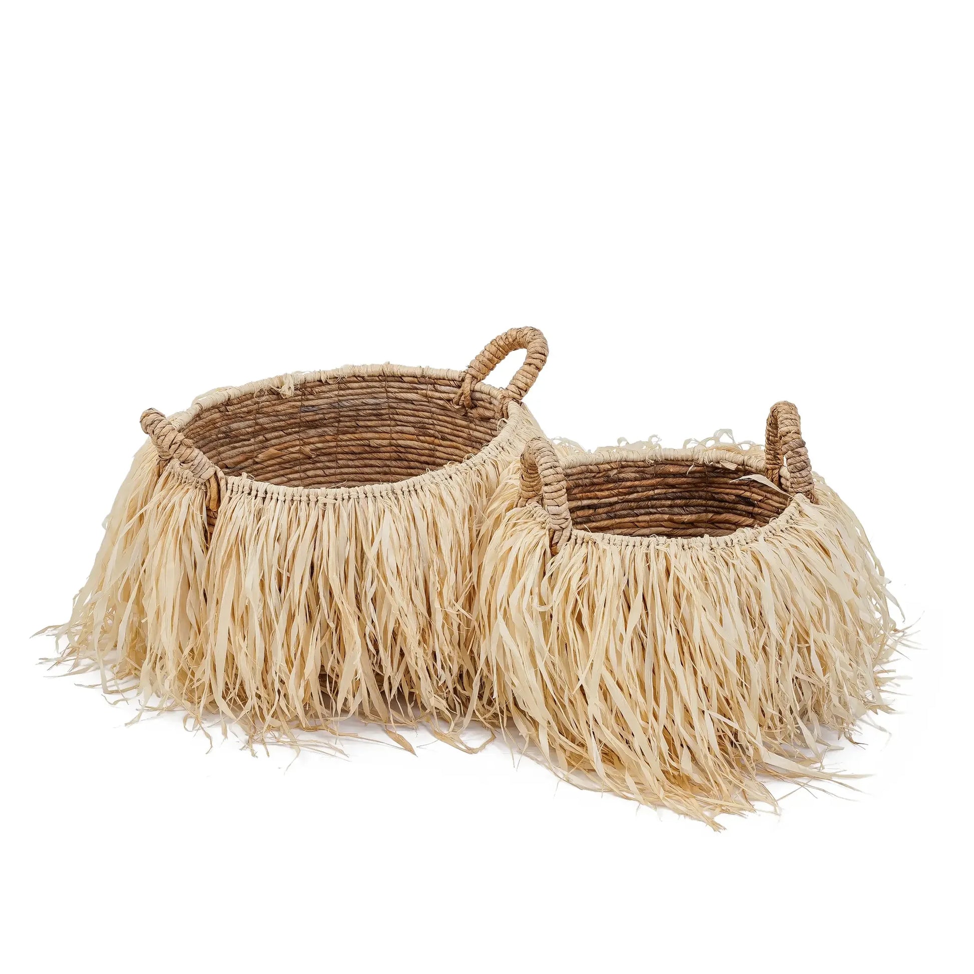 Panier de rangement rond en feuilles de bananier avec franges en raphia naturel