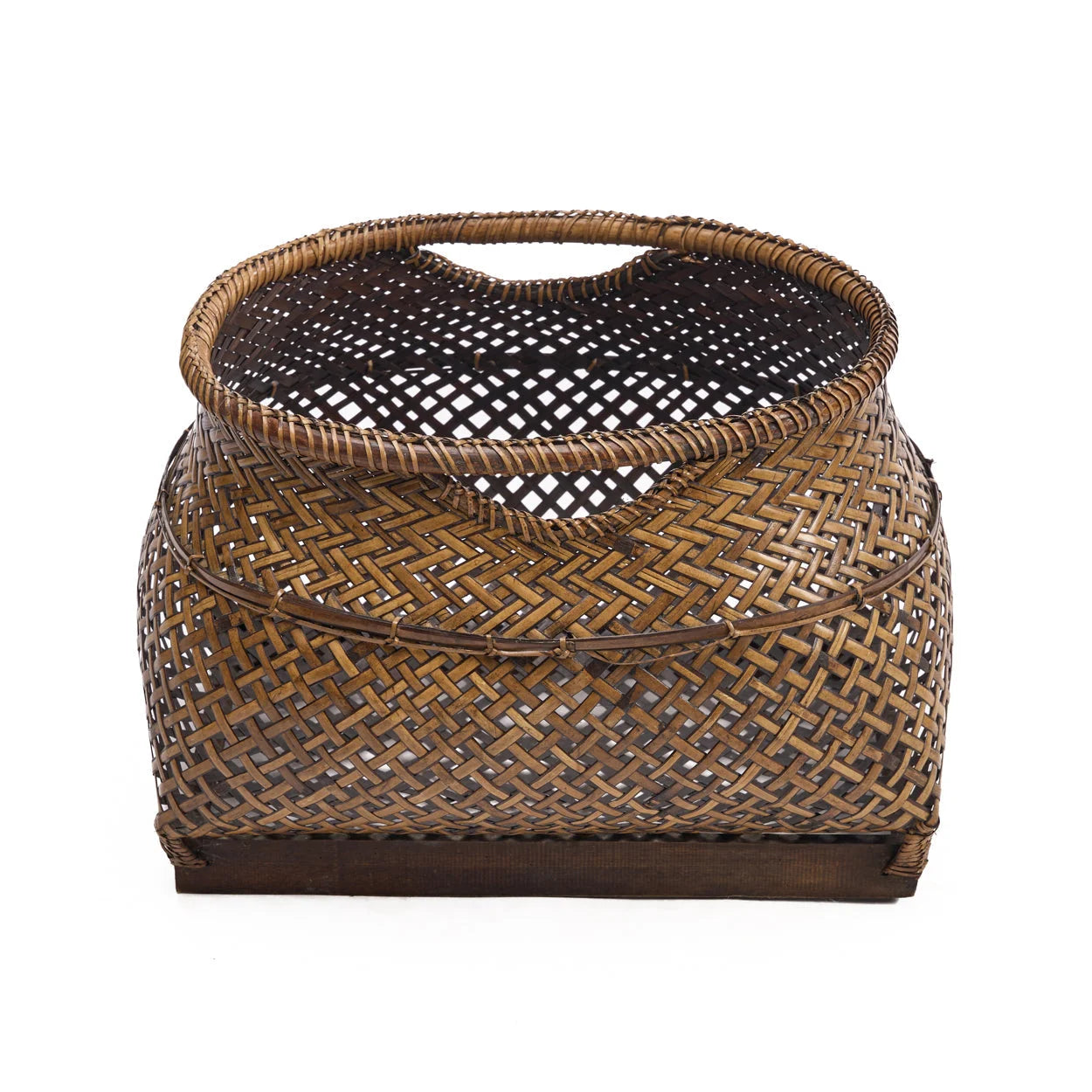 Panier de rangement en rotin ajouré brun miel avec base bois foncé