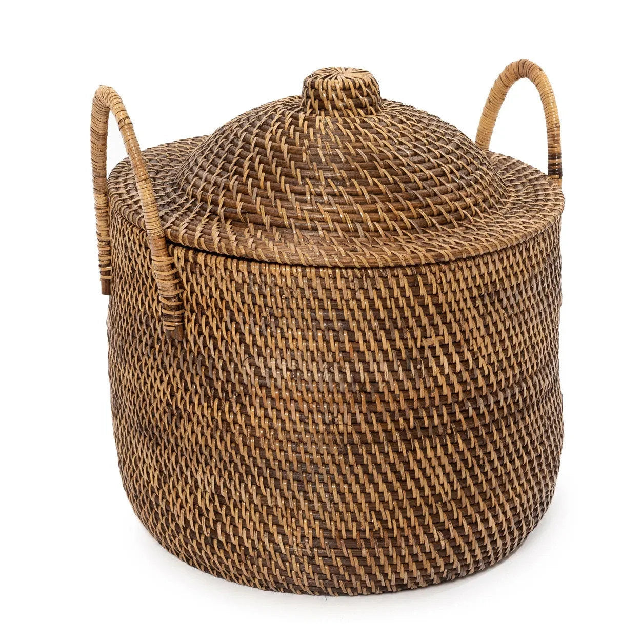 Panier de rangement en rotin brun naturel avec couvercle et anses, Ø40 cm