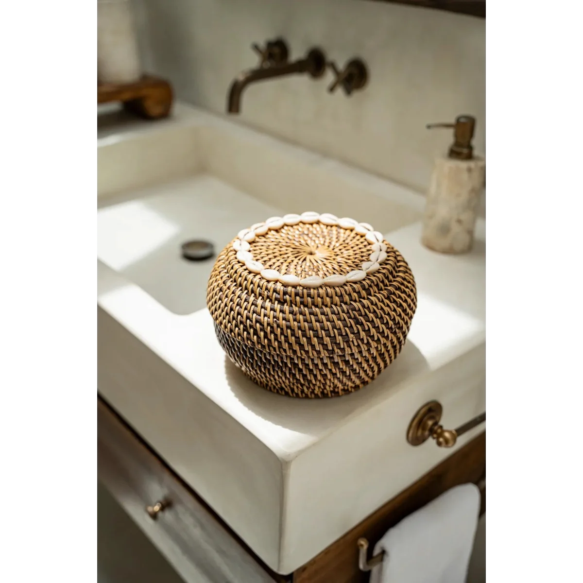 Panier de rangement en rotin foncé et coquillages 27 cm