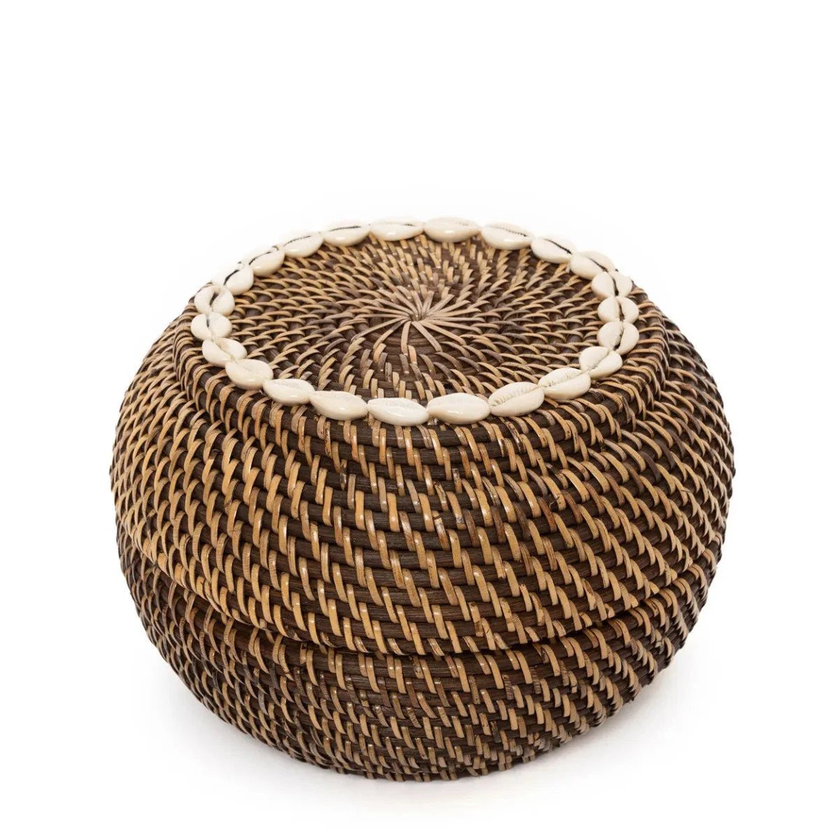 Panier de rangement en rotin foncé et coquillages 27 cm