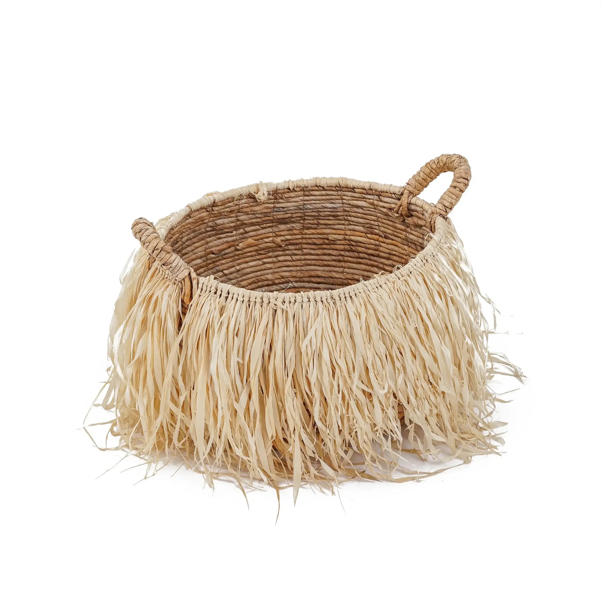 Panier en raphia naturel 43x43 cm avec déco feuillage et franges en rafia