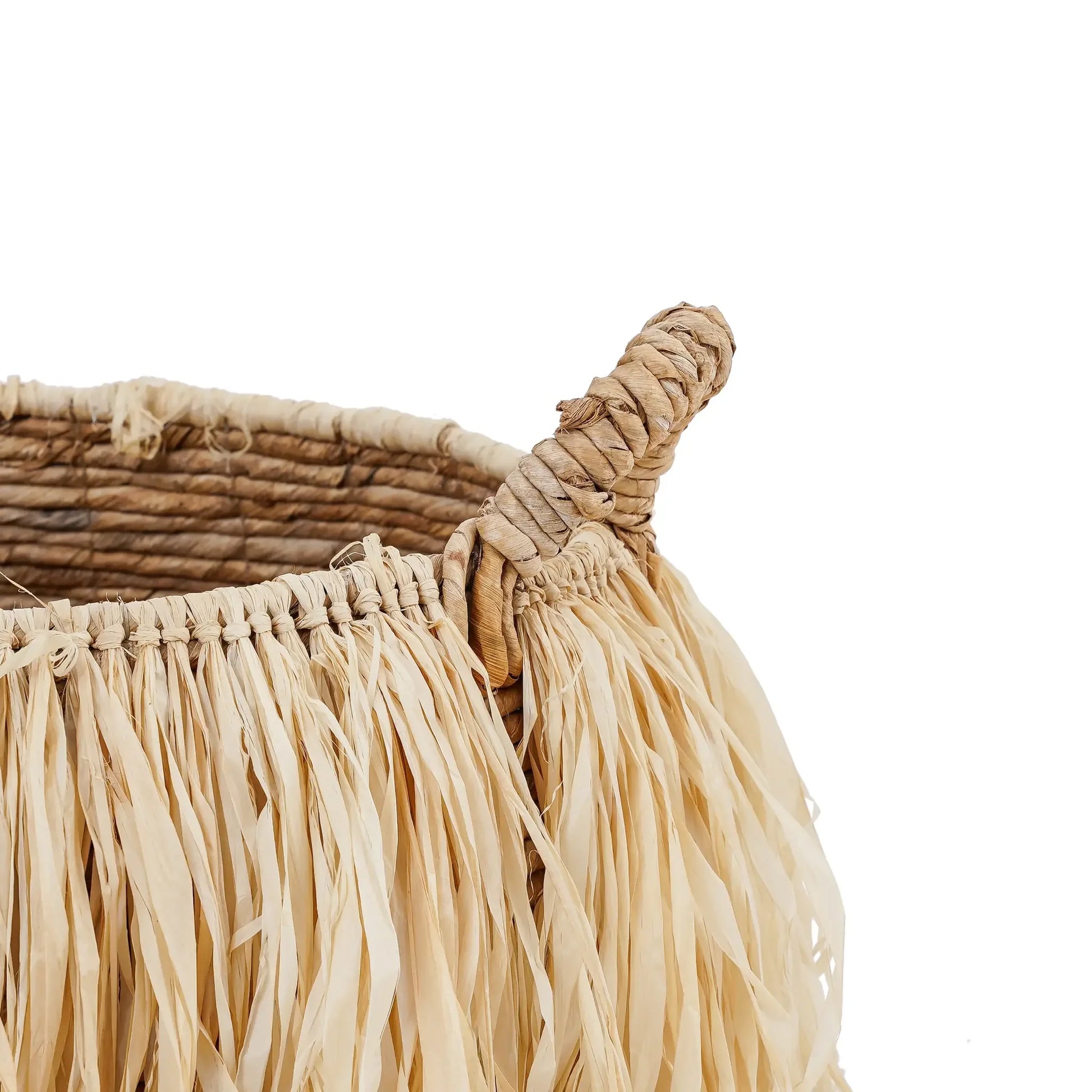 Panier en raphia naturel 43x43 cm avec déco feuillage et franges en raffia