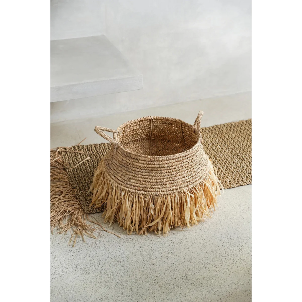 Panier en raphia naturel avec franges – 30 x 36 cm