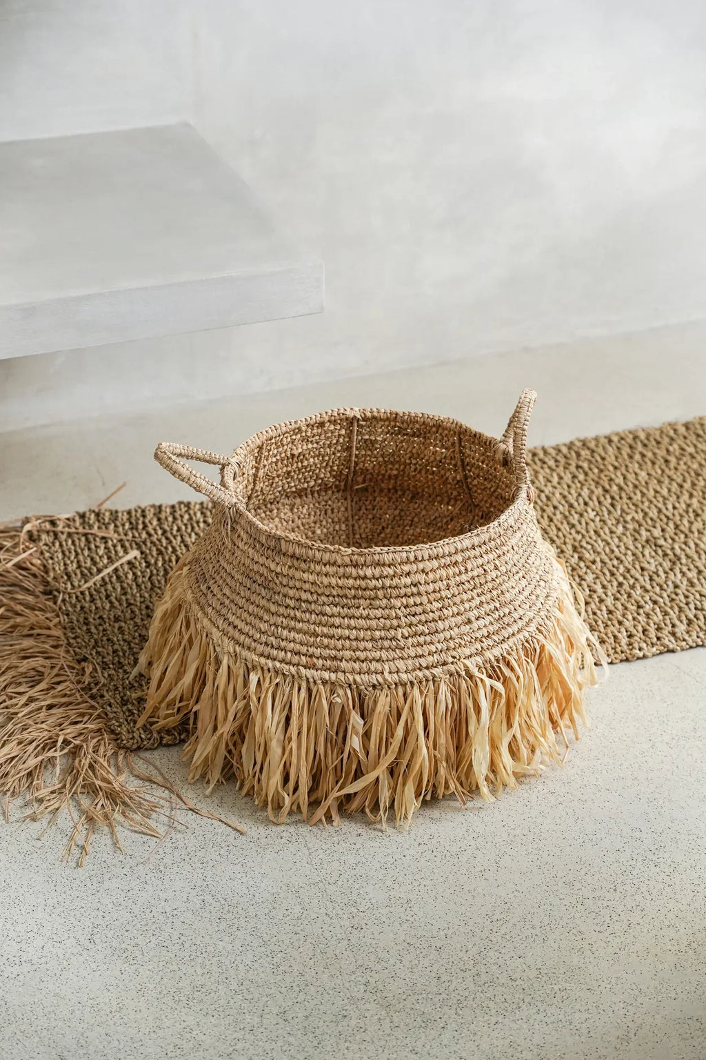 Panier en Raphia Naturel avec Franges, 30 x 36 cm, panier tissé avec franges