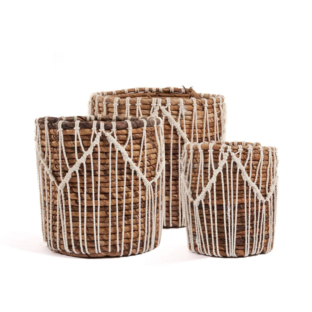 Panier rond en feuilles de bananier & macramé naturel blanc tressé