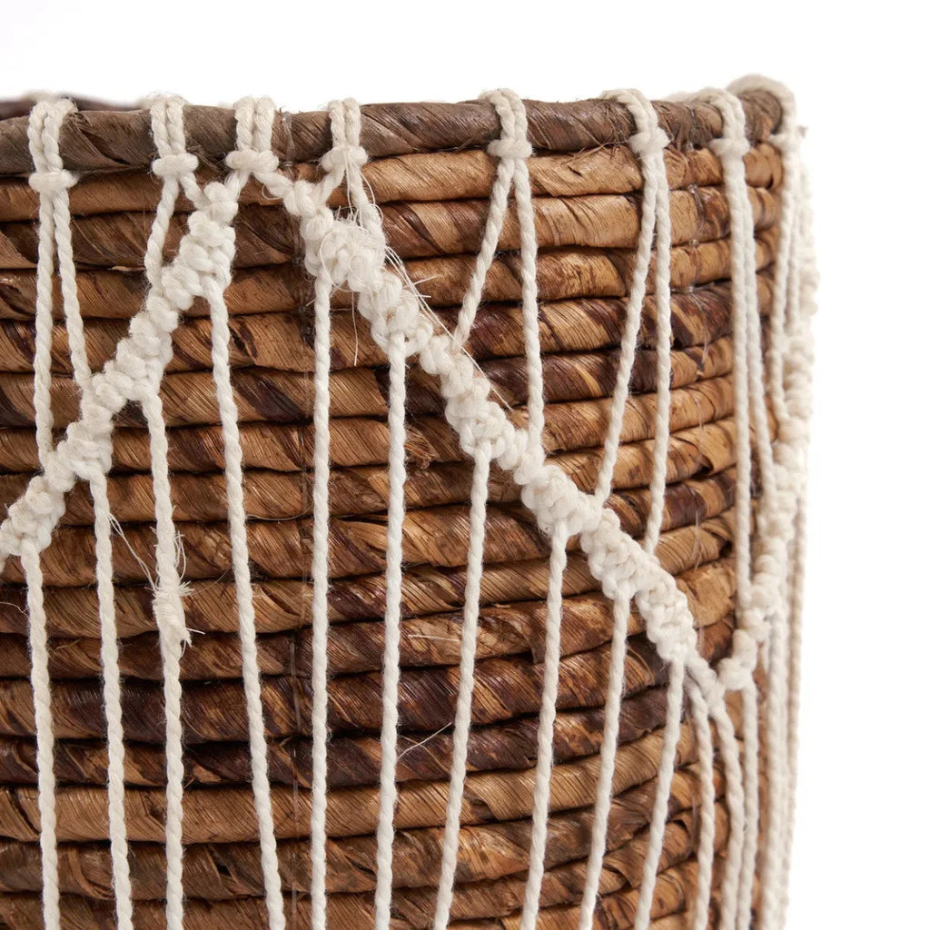 Panier rond en feuilles de bananier & macramé naturel blanc tressé