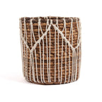 Panier rond en feuilles de bananier & macramé naturel blanc tressé