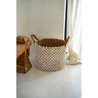Panier rond en jonc de mer et macramé blanc avec anses – Ø39 cm