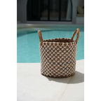 Panier rond en jonc de mer et macramé blanc avec anses – Ø39 cm